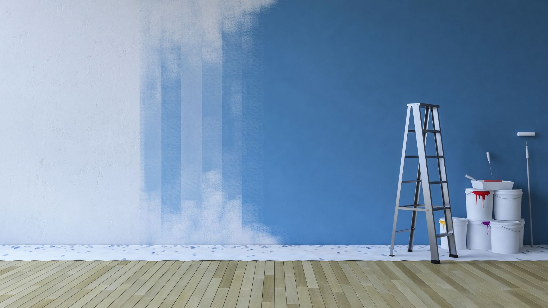 Painting a blue wall with ladder, paint buckets, and roller