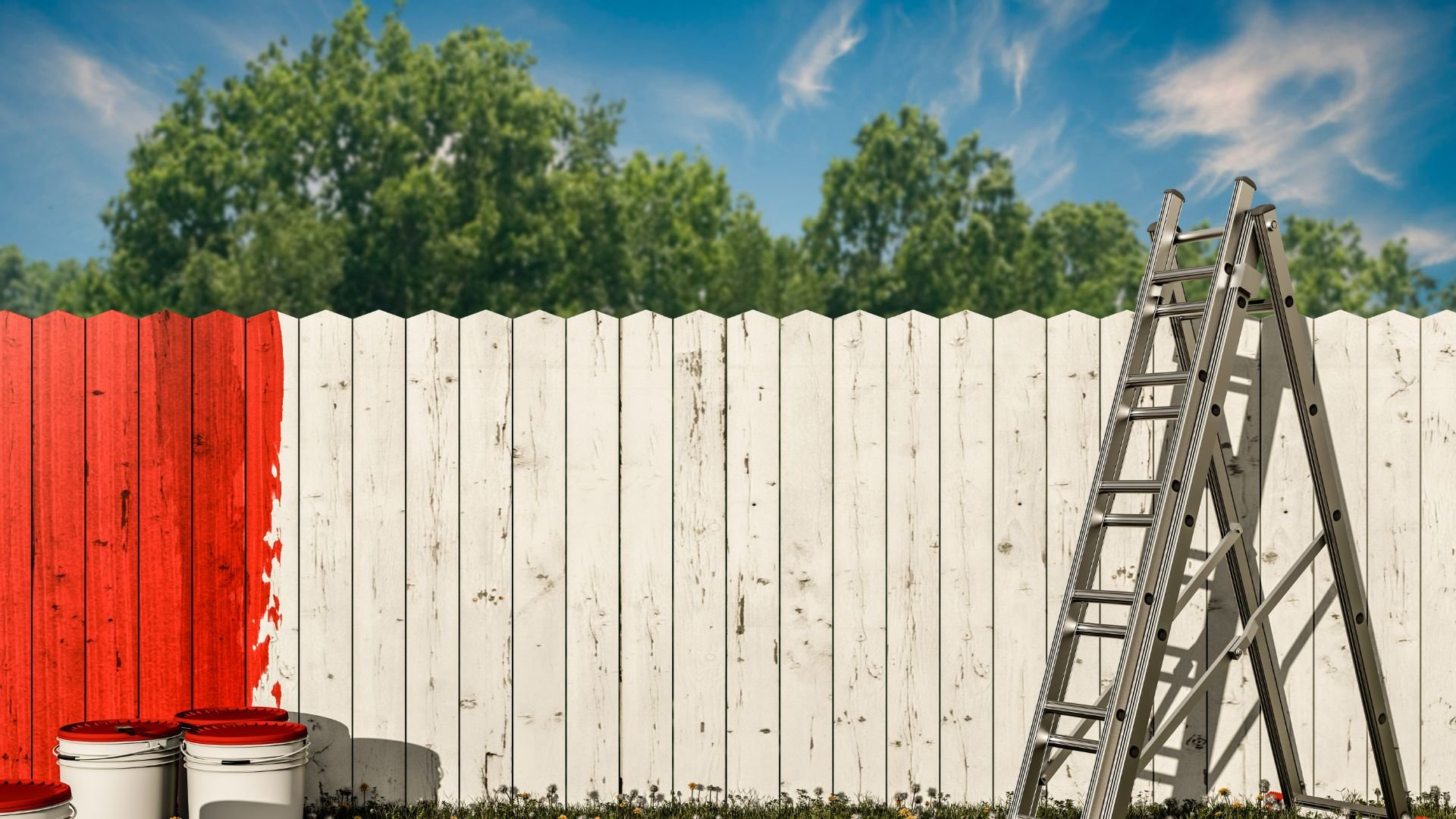 Painting fence with red and white paint, ladders, and paint buckets